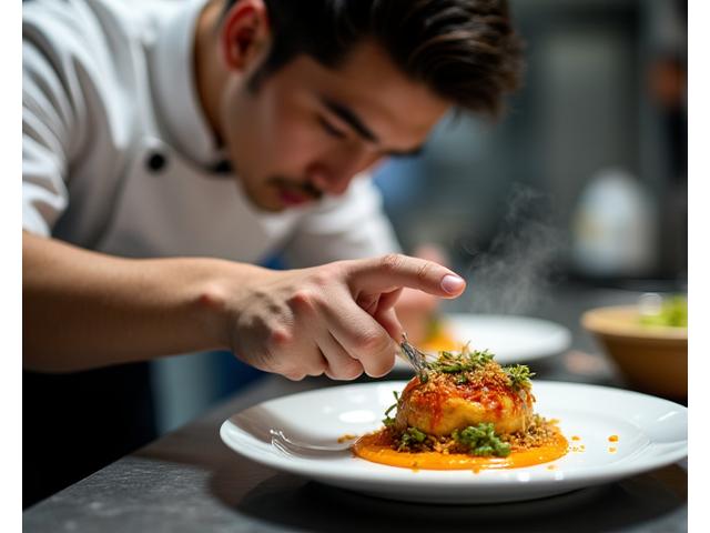 シェフが料理を仕上げる様子