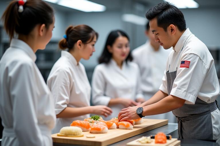 シェフが料理教室で生徒に寿司の作り方を教えている