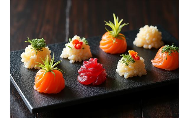 鮮やかな色合いのマルチコーステイスティングメニューの料理