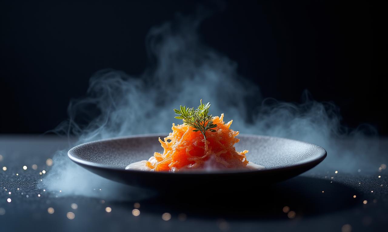 Tsuki Ryuguのシグネチャー料理が星空を背景に美しく盛り付けられている