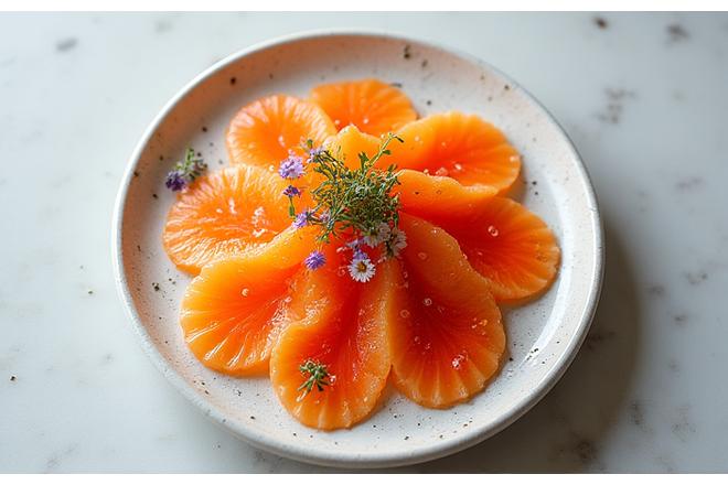 七色の彩りの夏の旬魚カルパッチョ、天の川をイメージした盛り付け。 (Colorful summer fish carpaccio with a Milky Way-inspired plating.)